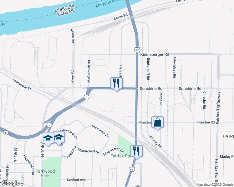 map of restaurants, bars, coffee shops, grocery stores, and more near 801 Sunshine Road in Kansas City