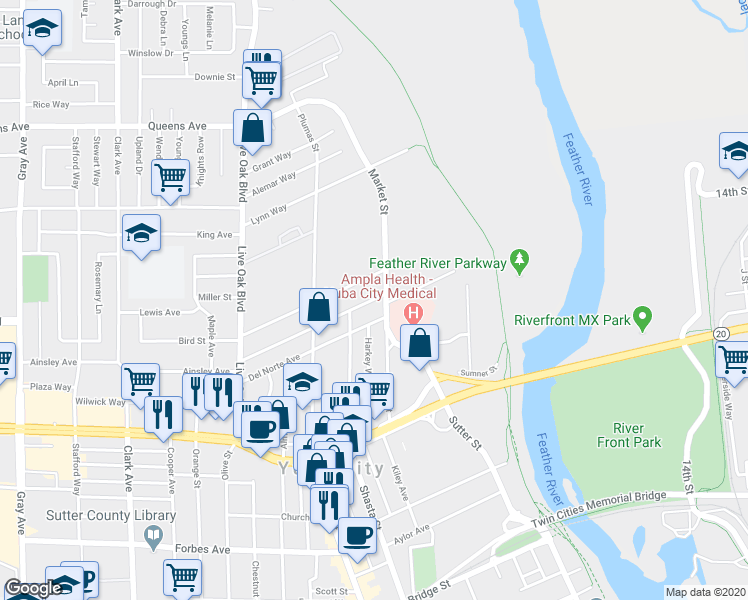 map of restaurants, bars, coffee shops, grocery stores, and more near 270 Ainsley Avenue in Yuba City