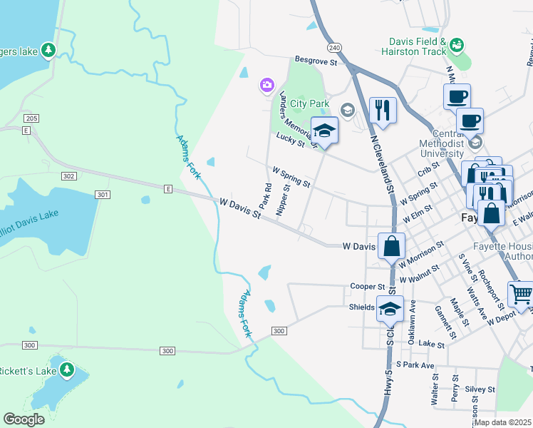 map of restaurants, bars, coffee shops, grocery stores, and more near 1105 West Davis Street in Fayette