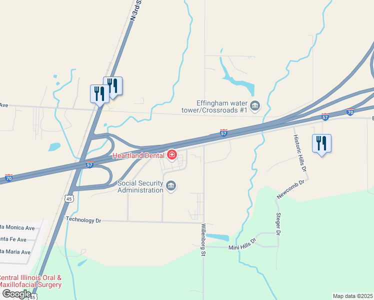 map of restaurants, bars, coffee shops, grocery stores, and more near 1201 Network Centre Drive in Effingham