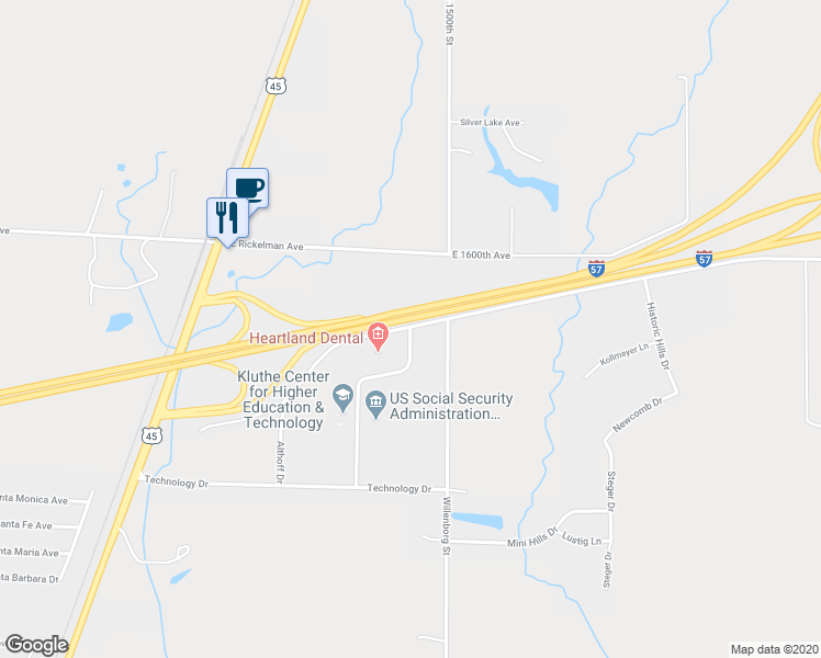 map of restaurants, bars, coffee shops, grocery stores, and more near 1201 Network Centre Drive in Effingham