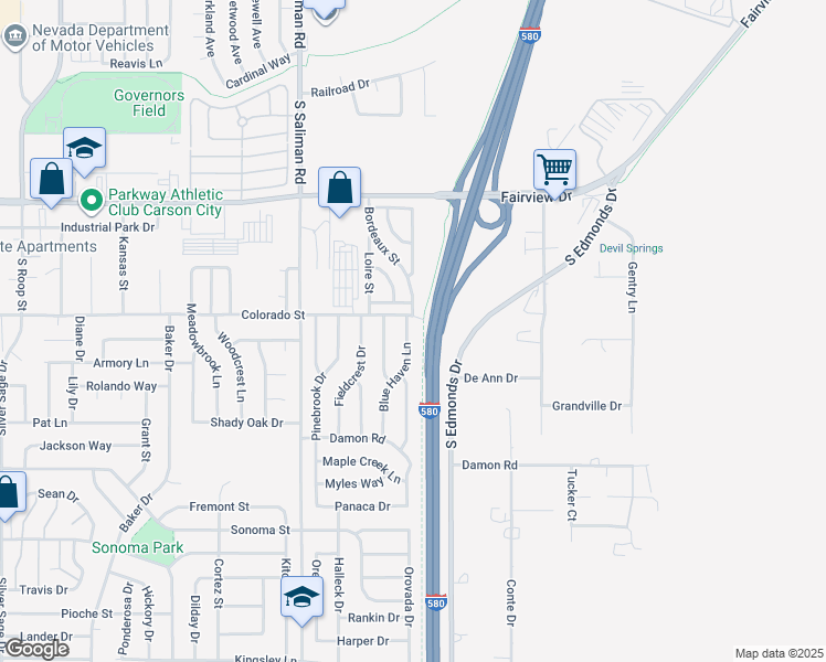map of restaurants, bars, coffee shops, grocery stores, and more near 2408 Blue Haven Lane in Carson City