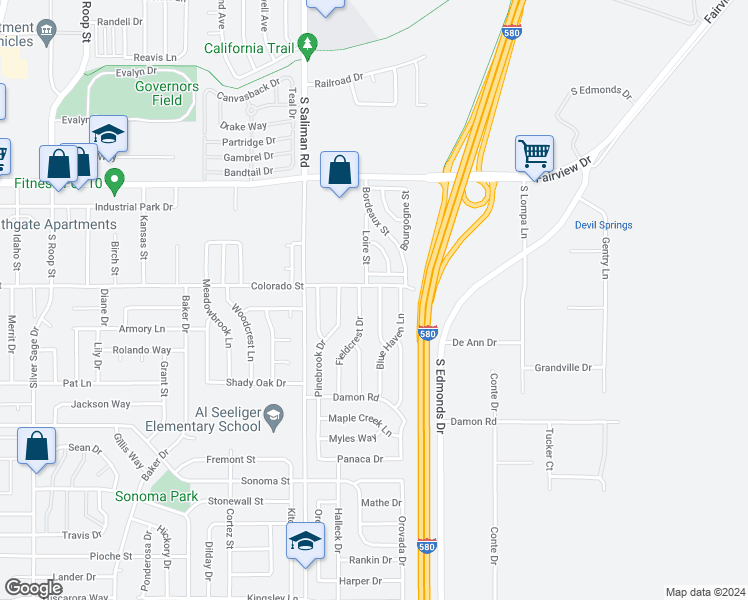 map of restaurants, bars, coffee shops, grocery stores, and more near 2340 Harvest Drive in Carson City