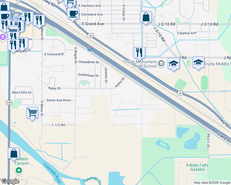 map of restaurants, bars, coffee shops, grocery stores, and more near 722 Abigail Court in Fruita