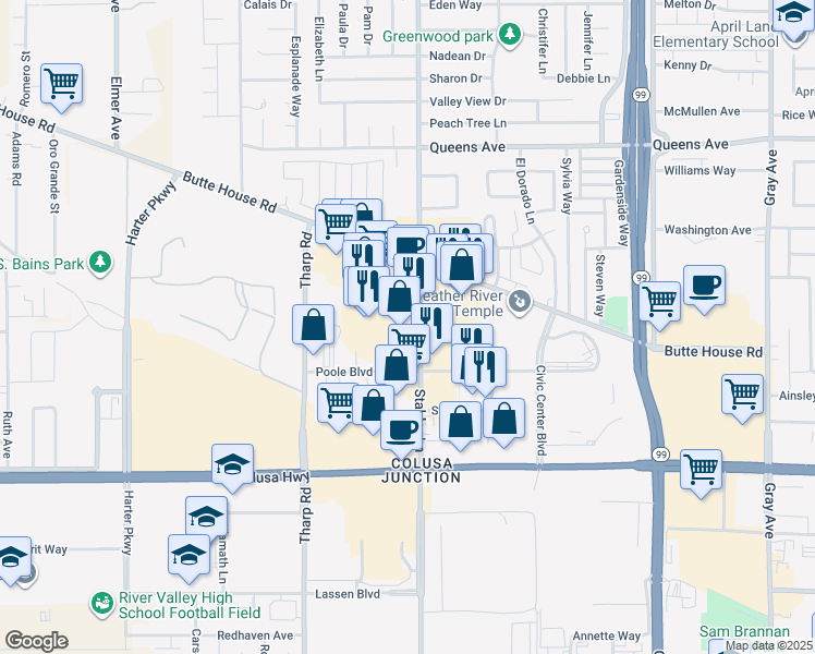 map of restaurants, bars, coffee shops, grocery stores, and more near 1212 Stabler Lane in Yuba City