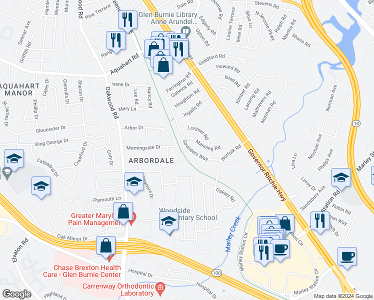 map of restaurants, bars, coffee shops, grocery stores, and more near 1703 Saunders Way in Glen Burnie