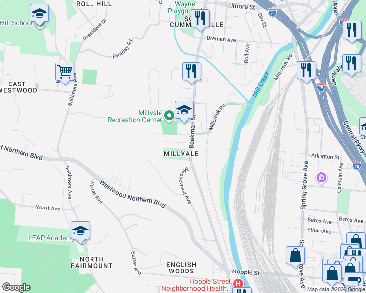 map of restaurants, bars, coffee shops, grocery stores, and more near 3277 Beekman Street in Cincinnati