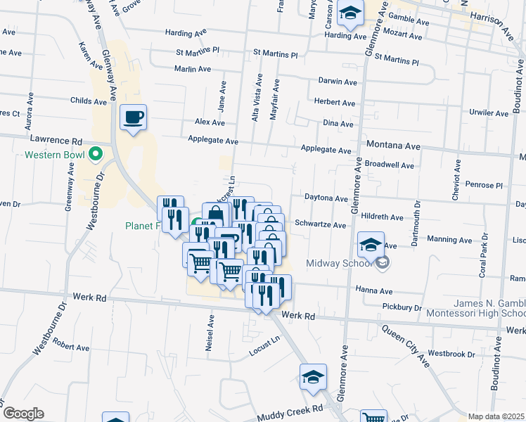 map of restaurants, bars, coffee shops, grocery stores, and more near 3566 Schwartze Avenue in Cincinnati