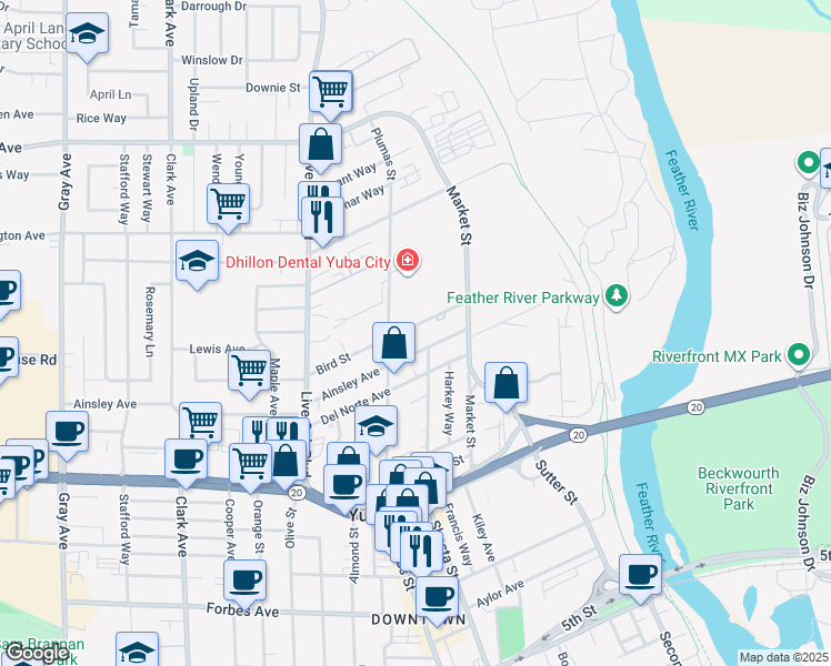 map of restaurants, bars, coffee shops, grocery stores, and more near 349 Ainsley Avenue in Yuba City