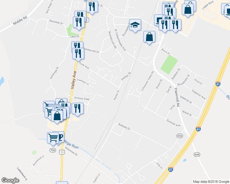 map of restaurants, bars, coffee shops, grocery stores, and more near 2911 Packer Street in Winchester