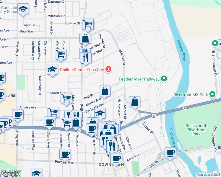map of restaurants, bars, coffee shops, grocery stores, and more near 349 Ainsley Avenue in Yuba City