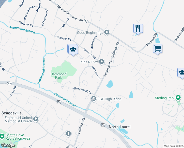 map of restaurants, bars, coffee shops, grocery stores, and more near 8214 Styers Court in Laurel