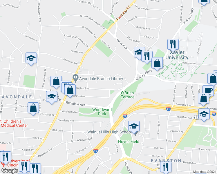 map of restaurants, bars, coffee shops, grocery stores, and more near 915 Lexington Avenue in Cincinnati