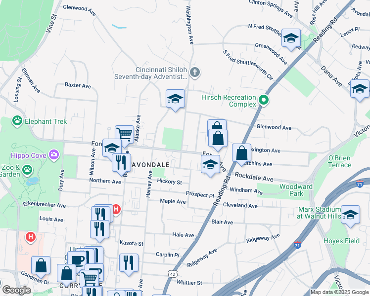map of restaurants, bars, coffee shops, grocery stores, and more near 605 Forest Avenue in Cincinnati