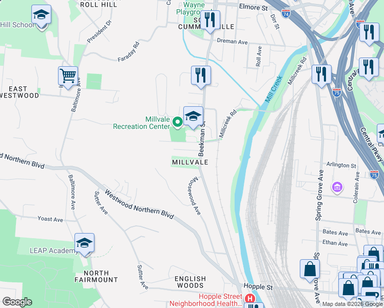 map of restaurants, bars, coffee shops, grocery stores, and more near 3277 Beekman Street in Cincinnati