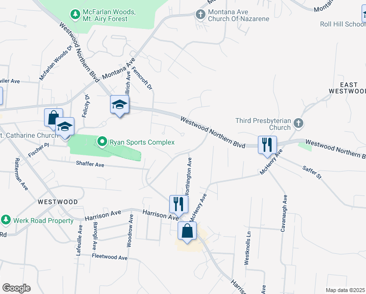 map of restaurants, bars, coffee shops, grocery stores, and more near 3212 Bracken Woods Lane in Cincinnati