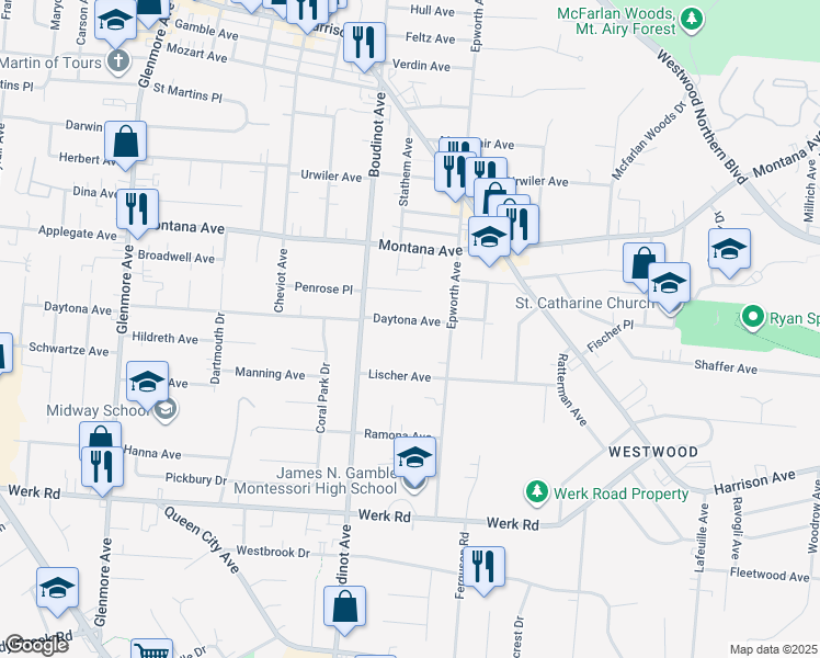 map of restaurants, bars, coffee shops, grocery stores, and more near 3249 Epworth Avenue in Cincinnati
