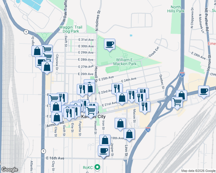 map of restaurants, bars, coffee shops, grocery stores, and more near 827 East 23rd Avenue in North Kansas City