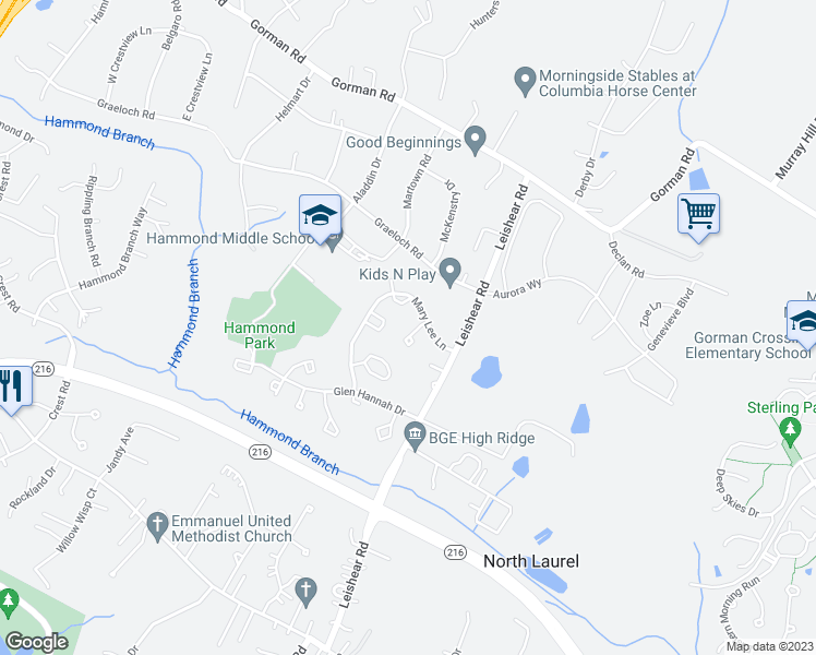map of restaurants, bars, coffee shops, grocery stores, and more near 8214 Styers Court in Laurel