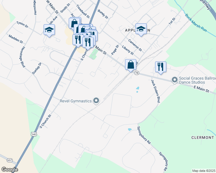 map of restaurants, bars, coffee shops, grocery stores, and more near 128 Virginia Avenue in Berryville