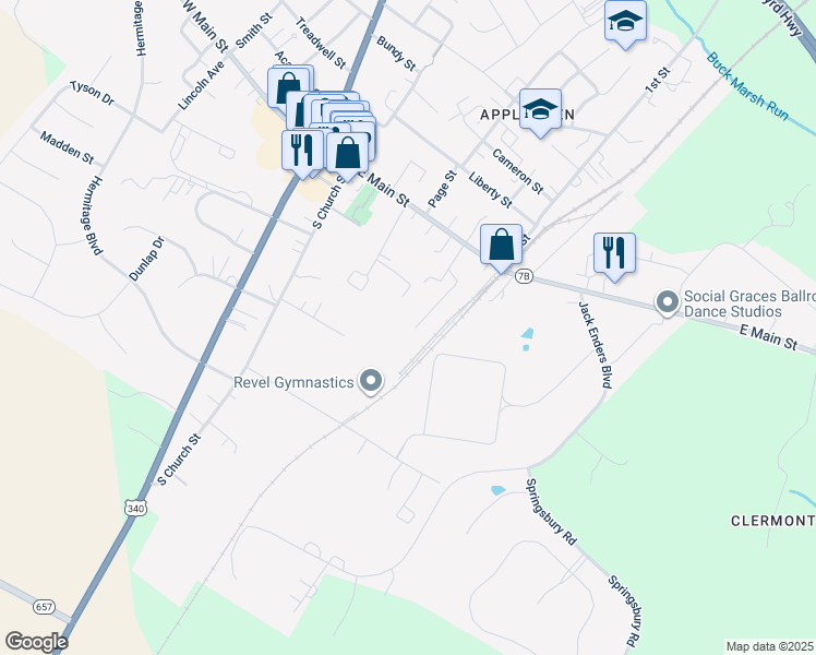 map of restaurants, bars, coffee shops, grocery stores, and more near 127 Virginia Avenue in Berryville