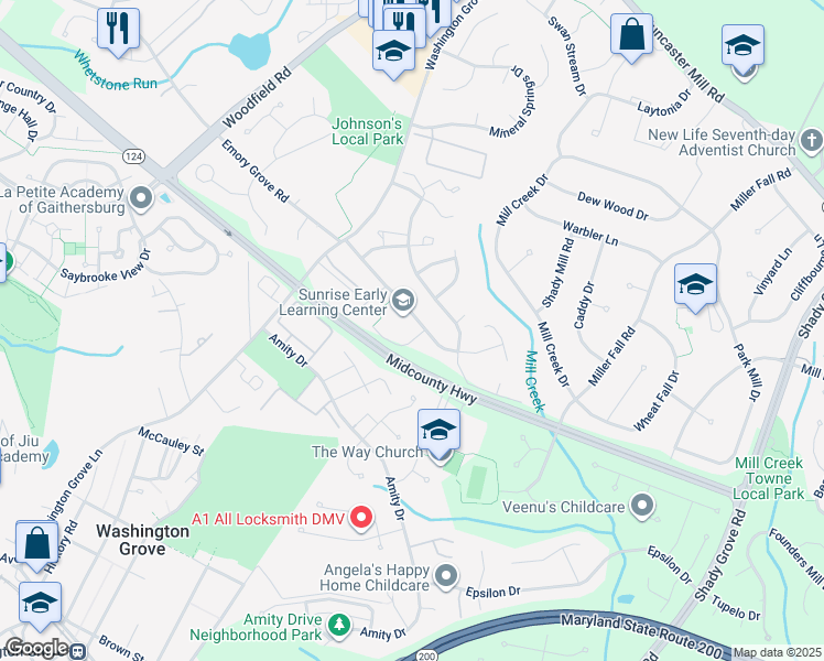 map of restaurants, bars, coffee shops, grocery stores, and more near 17664 Shady Spring Terrace in Gaithersburg
