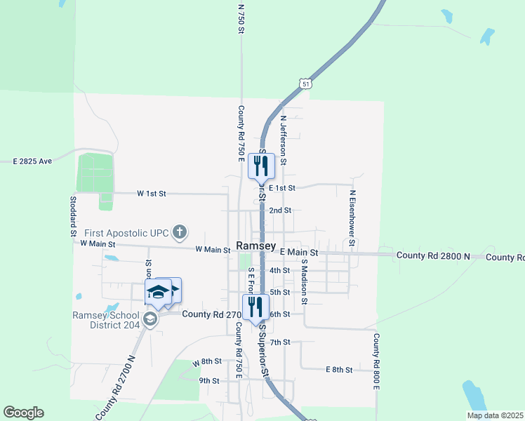 map of restaurants, bars, coffee shops, grocery stores, and more near 2nd Street in Ramsey