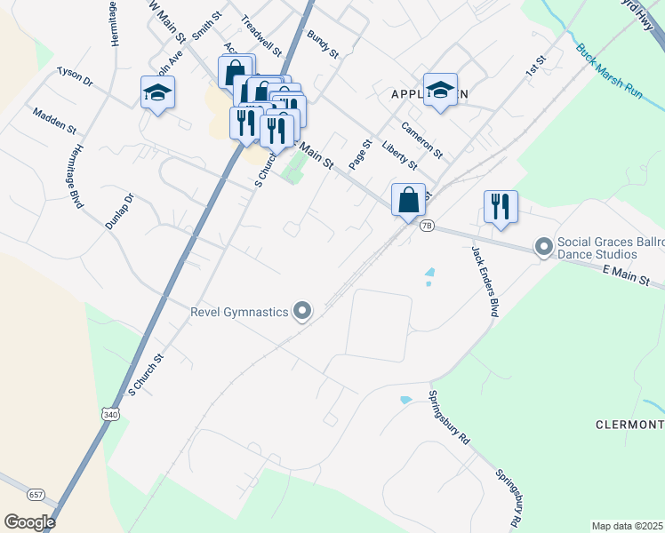 map of restaurants, bars, coffee shops, grocery stores, and more near 127 Virginia Avenue in Berryville