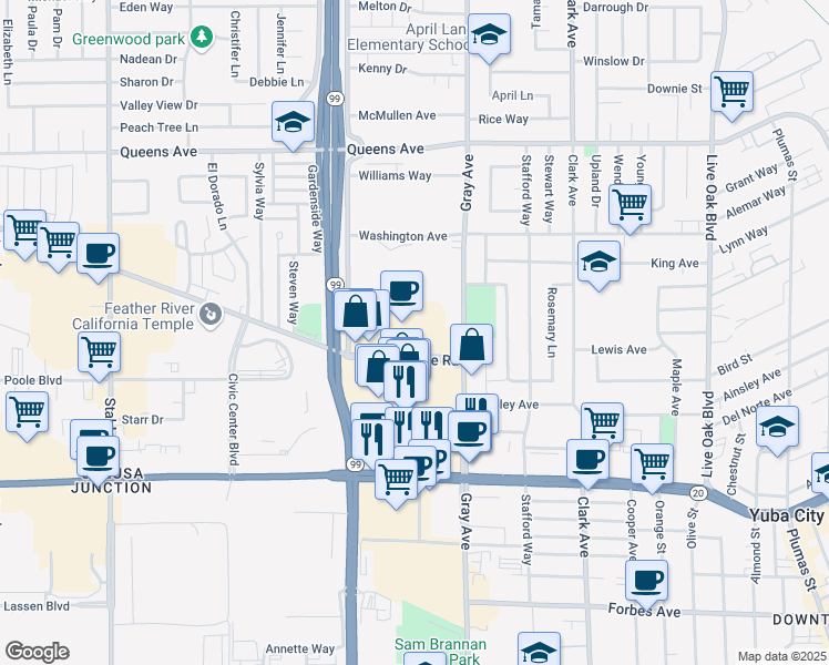 map of restaurants, bars, coffee shops, grocery stores, and more near 1153 Butte House Road in Yuba City