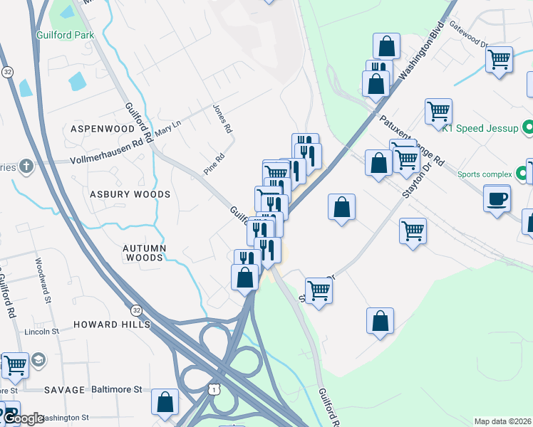 map of restaurants, bars, coffee shops, grocery stores, and more near 8698 U.S. 1 in Jessup