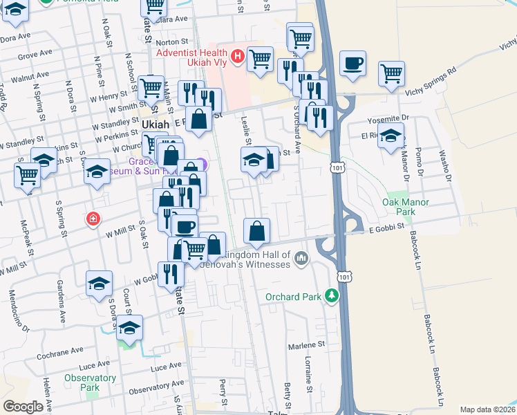 map of restaurants, bars, coffee shops, grocery stores, and more near 637 Leslie St in Ukiah