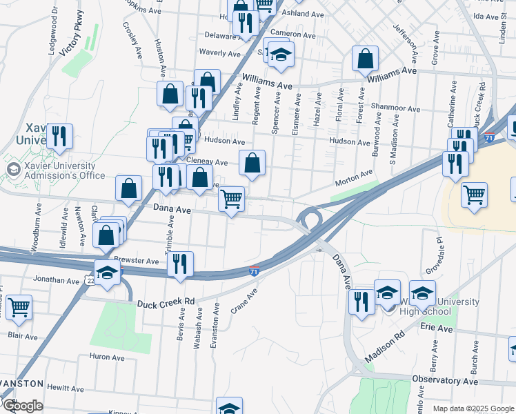 map of restaurants, bars, coffee shops, grocery stores, and more near 135 Realistic Avenue in Cincinnati