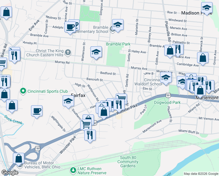 map of restaurants, bars, coffee shops, grocery stores, and more near 3808 Carlton Avenue in Cincinnati
