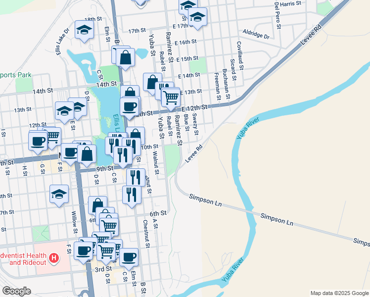 map of restaurants, bars, coffee shops, grocery stores, and more near 912 Blue Street in Marysville