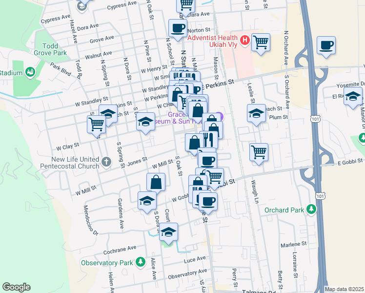 map of restaurants, bars, coffee shops, grocery stores, and more near 611 South Oak Street in Ukiah
