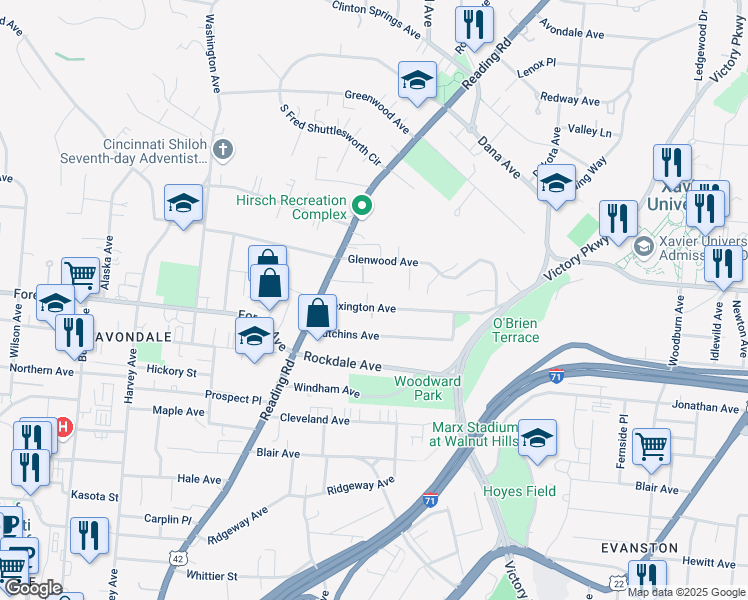 map of restaurants, bars, coffee shops, grocery stores, and more near 838 Hutchins Avenue in Cincinnati