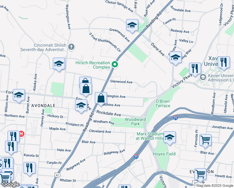map of restaurants, bars, coffee shops, grocery stores, and more near 838 Hutchins Avenue in Cincinnati