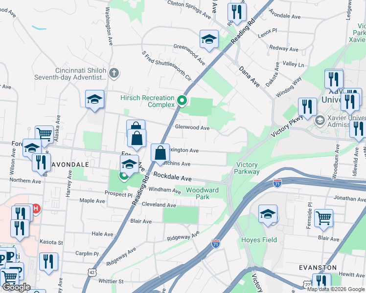 map of restaurants, bars, coffee shops, grocery stores, and more near 855 Lexington Avenue in Cincinnati