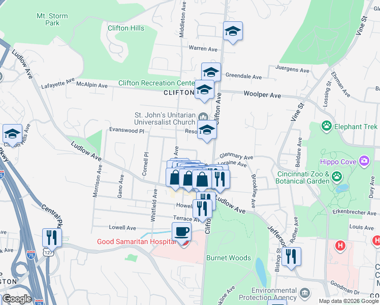 map of restaurants, bars, coffee shops, grocery stores, and more near 3503 Telford Street in Cincinnati