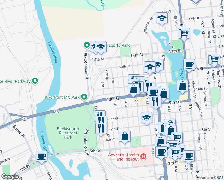 map of restaurants, bars, coffee shops, grocery stores, and more near 1030 I Street in Marysville