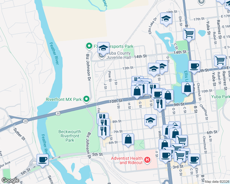 map of restaurants, bars, coffee shops, grocery stores, and more near 1030 I Street in Marysville