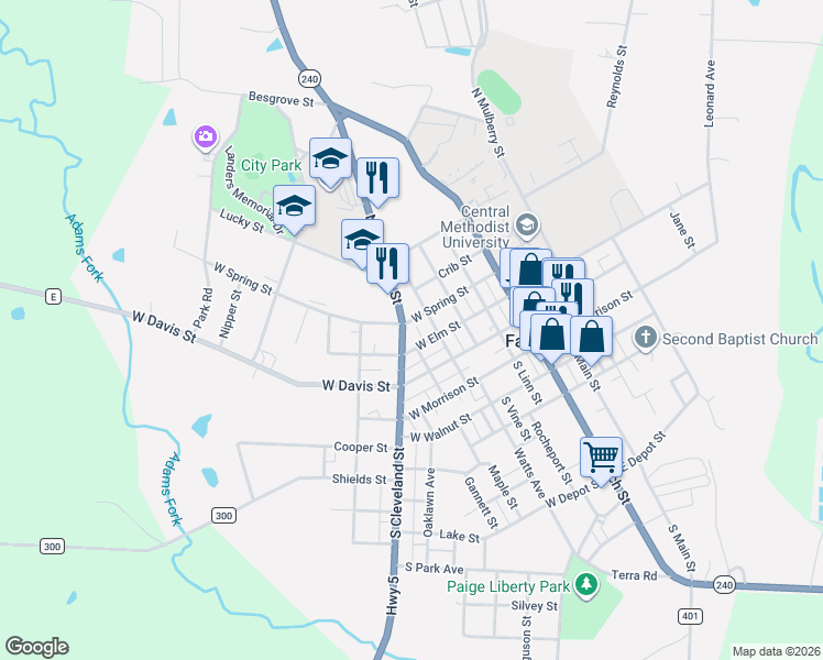 map of restaurants, bars, coffee shops, grocery stores, and more near 250-298 Graves Street in Fayette