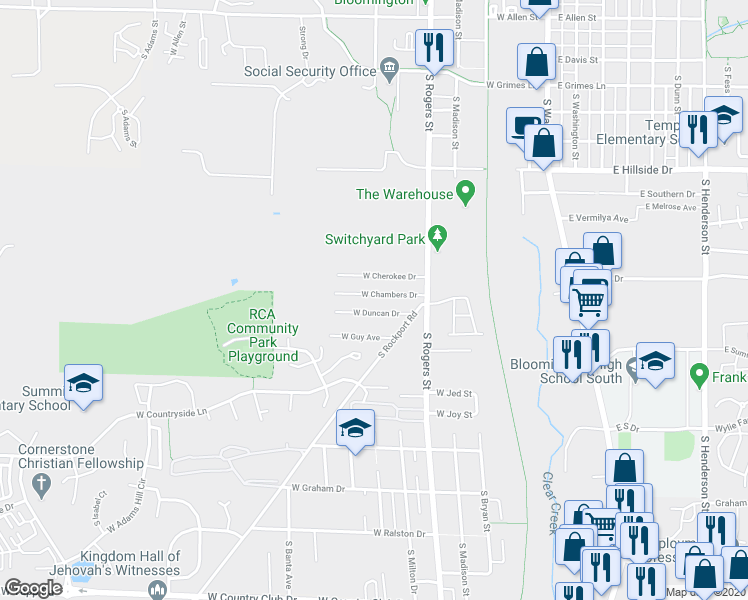 map of restaurants, bars, coffee shops, grocery stores, and more near 709 West Chambers Drive in Bloomington