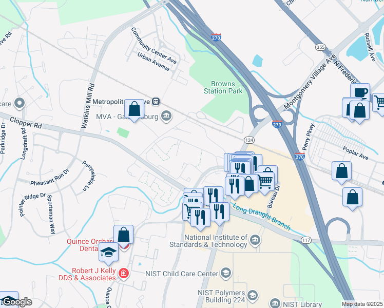 map of restaurants, bars, coffee shops, grocery stores, and more near 925 Clopper Road in Gaithersburg