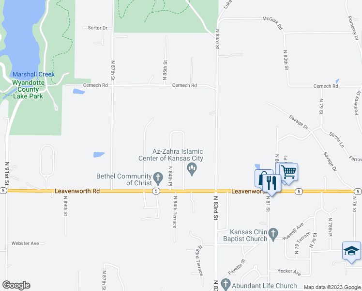 map of restaurants, bars, coffee shops, grocery stores, and more near 3238 North 84th Terrace in Kansas City
