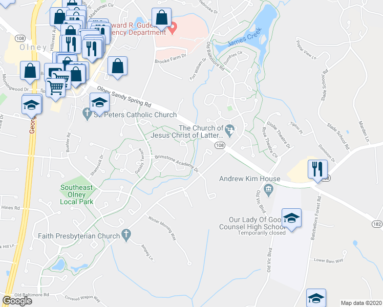 map of restaurants, bars, coffee shops, grocery stores, and more near 17715 Chipping Court in Olney