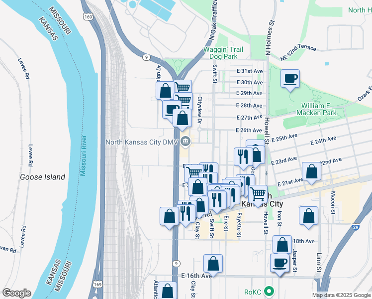 map of restaurants, bars, coffee shops, grocery stores, and more near 2417 Burlington Street in North Kansas City