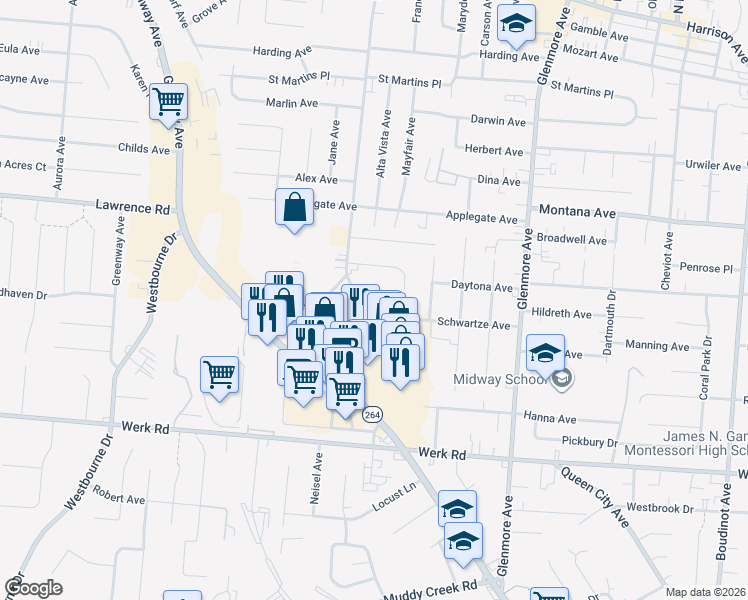 map of restaurants, bars, coffee shops, grocery stores, and more near 3627 Janlin Court in Cincinnati