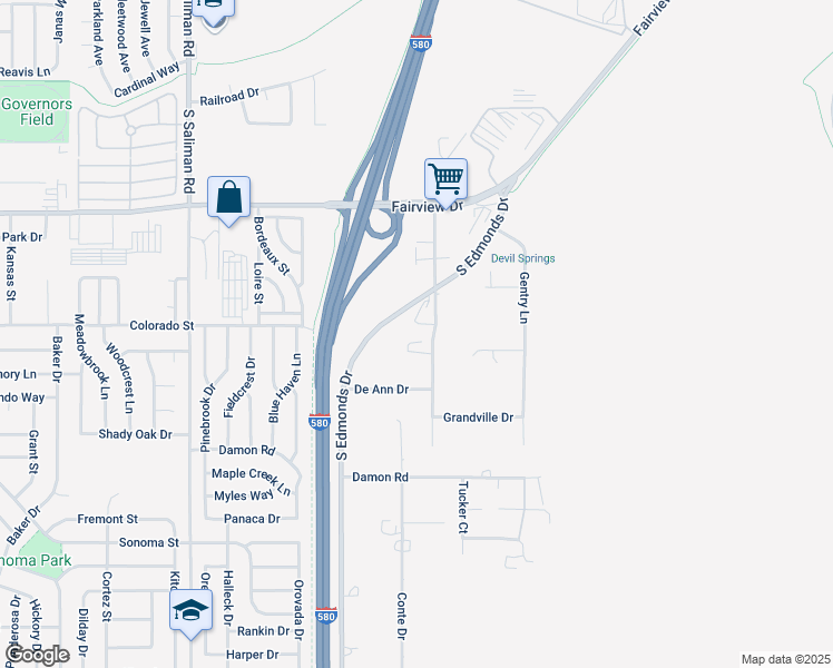 map of restaurants, bars, coffee shops, grocery stores, and more near 2249 South Edmonds Drive in Carson City