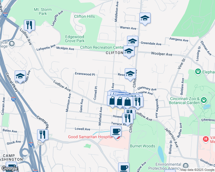 map of restaurants, bars, coffee shops, grocery stores, and more near 3481 Whitfield Avenue in Cincinnati